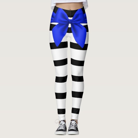 Schwarz und Weiß Streifen Blauer Bogen Leggings (Vorderseite)