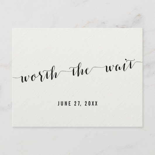 Schwarz und Weiß warten Save the Date Ankündigungspostkarte (Vorderseite)