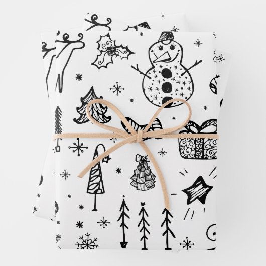 Schwarz und Weiß Weihnachtsbaum Snowman Geschenk Geschenkpapier Set (Beispiel)