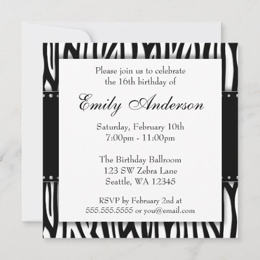 Schwarz und Weiß Zebra Diamonds Sweet 16 Geburtsta Einladung (Rückseite)