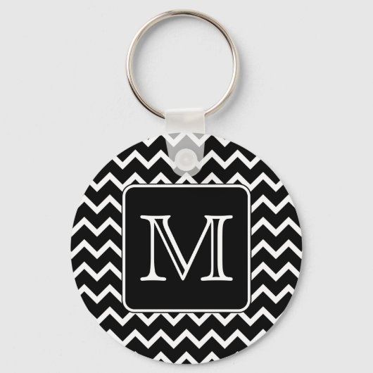 Schwarz und Weiß Zickzack mit Custom Monogram. Schlüsselanhänger (Vorderseite)
