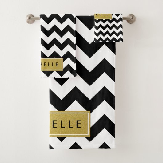 Schwarz und Weiß Zigzag Muster, Ihr Name Badhandtuch Set (Insitu)