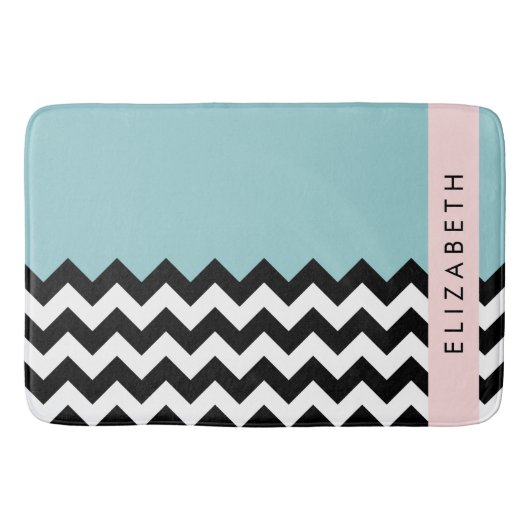 Schwarz und Weiß Zigzag, Zickzack, Blau, Ihr Name Badematte (Vorderseite)