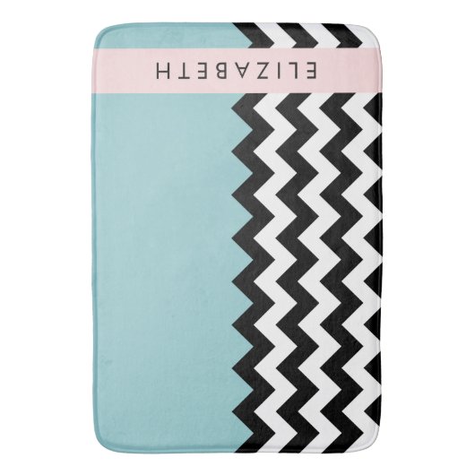 Schwarz und Weiß Zigzag, Zickzack, Blau, Ihr Name Badematte (Vorderseite Vertikal)