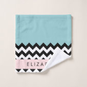 Schwarz und Weiß Zigzag, Zickzack, Blau, Ihr Name Badhandtuch Set (Waschlappen)