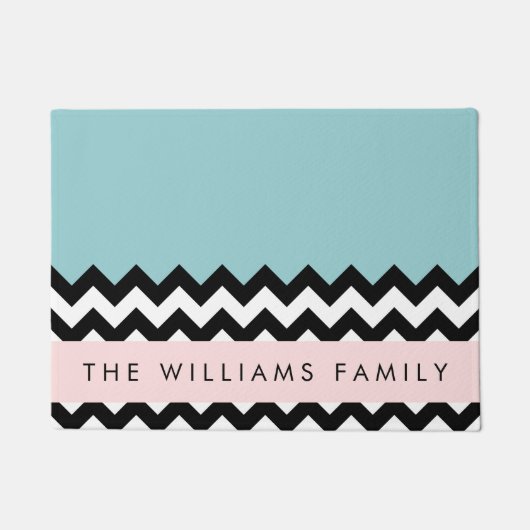 Schwarz und Weiß Zigzag, Zickzack, Blau, Ihr Name Fußmatte (Vorderseite)