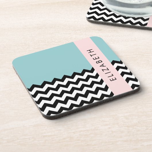 Schwarz und Weiß Zigzag, Zickzack, Blau, Ihr Name Getränkeuntersetzer (Linke Seite)