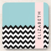Schwarz und Weiß Zigzag, Zickzack, Blau, Ihr Name Getränkeuntersetzer (Vorderseite)