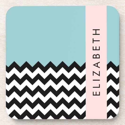 Schwarz und Weiß Zigzag, Zickzack, Blau, Ihr Name Getränkeuntersetzer (Vorderseite)