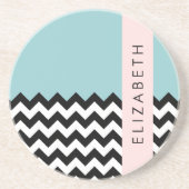 Schwarz und Weiß Zigzag, Zickzack, Blau, Ihr Name Getränkeuntersetzer (Vorne)