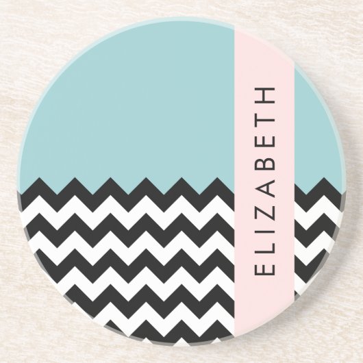 Schwarz und Weiß Zigzag, Zickzack, Blau, Ihr Name Getränkeuntersetzer (Vorne)