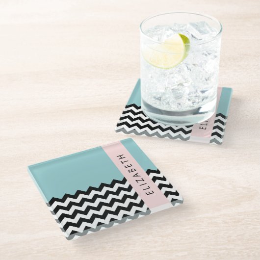 Schwarz und Weiß Zigzag, Zickzack, Blau, Ihr Name Glasuntersetzer (Schrägansicht)