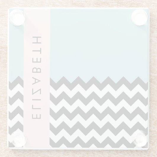 Schwarz und Weiß Zigzag, Zickzack, Blau, Ihr Name Glasuntersetzer (Rückseite)