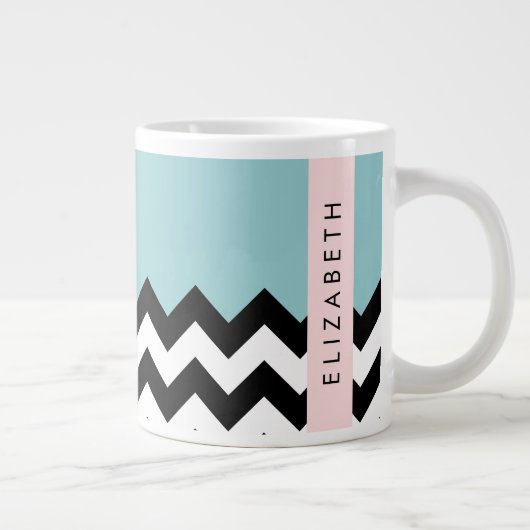 Schwarz und Weiß Zigzag, Zickzack, Blau, Ihr Name Jumbo-Tasse (Rechts)