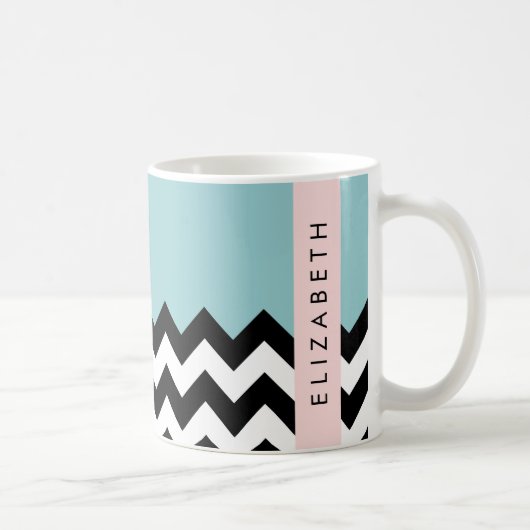 Schwarz und Weiß Zigzag, Zickzack, Blau, Ihr Name Kaffeetasse (Rechts)