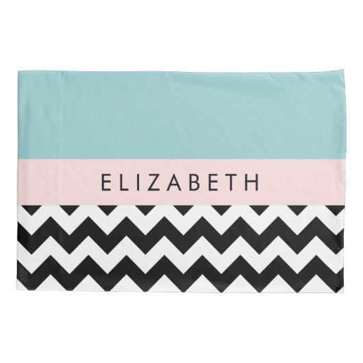 Schwarz und Weiß Zigzag, Zickzack, Blau, Ihr Name Kissenbezug (Rückseite)