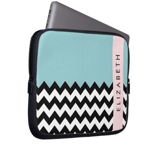 Schwarz und Weiß Zigzag, Zickzack, Blau, Ihr Name Laptopschutzhülle (Vorne Rechts)