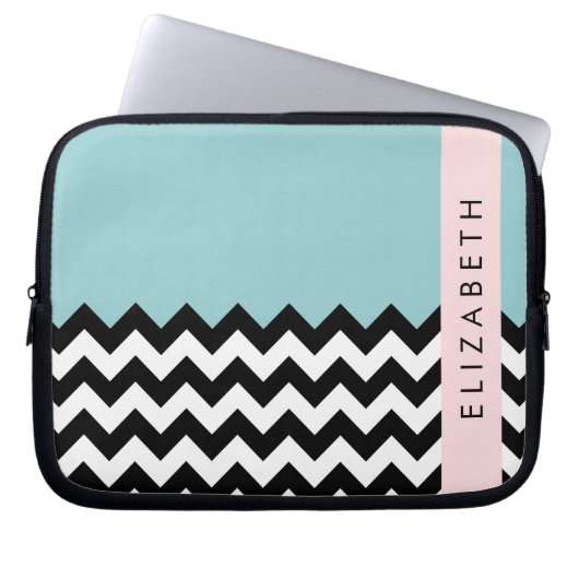 Schwarz und Weiß Zigzag, Zickzack, Blau, Ihr Name Laptopschutzhülle (Vorderseite)