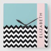 Schwarz und Weiß Zigzag, Zickzack, Blau, Ihr Name Quadratische Wanduhr (Vorderseite)