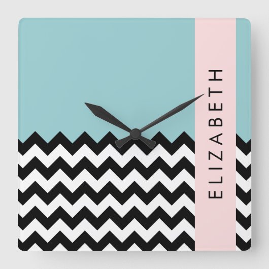 Schwarz und Weiß Zigzag, Zickzack, Blau, Ihr Name Quadratische Wanduhr (Vorderseite)