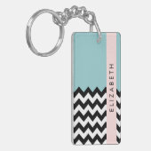 Schwarz und Weiß Zigzag, Zickzack, Blau, Ihr Name Schlüsselanhänger (Vorderseite links)