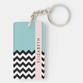 Schwarz und Weiß Zigzag, Zickzack, Blau, Ihr Name Schlüsselanhänger (Rückseite)