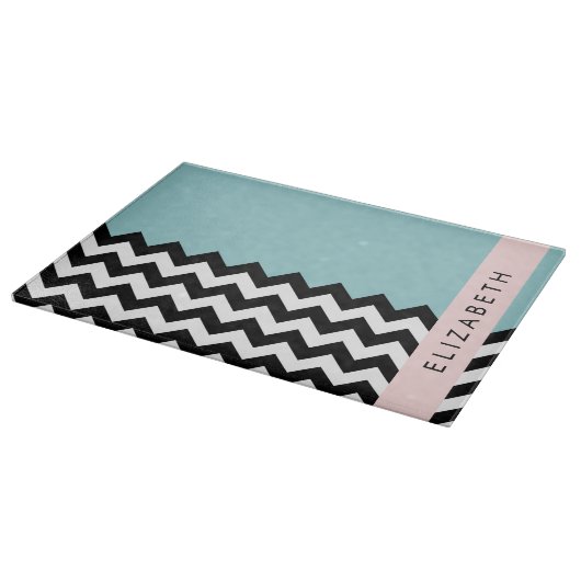 Schwarz und Weiß Zigzag, Zickzack, Blau, Ihr Name Schneidebrett (Ecke)