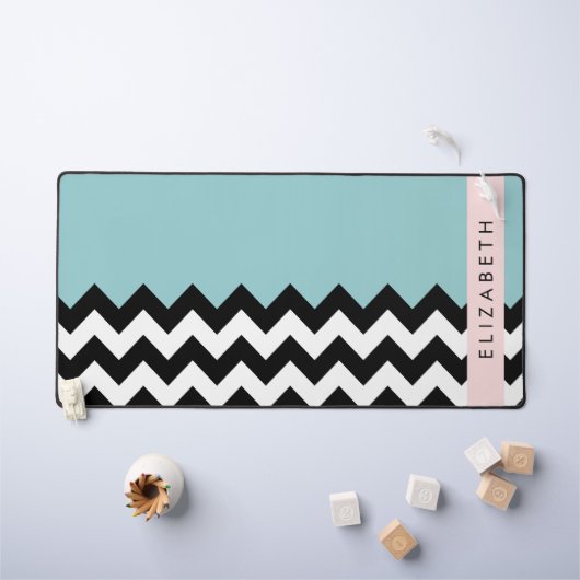 Schwarz und Weiß Zigzag, Zickzack, Blau, Ihr Name Schreibtischunterlage (Kindertisch)