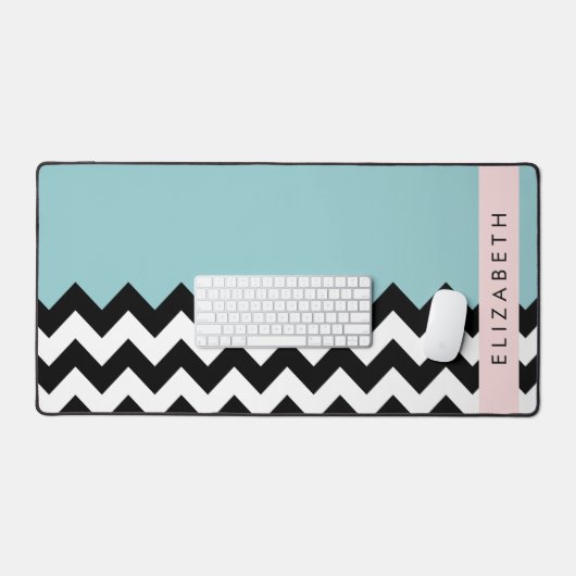 Schwarz und Weiß Zigzag, Zickzack, Blau, Ihr Name Schreibtischunterlage (Tastatur & Maus)
