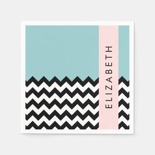 Schwarz und Weiß Zigzag, Zickzack, Blau, Ihr Name Serviette (Vorderseite)