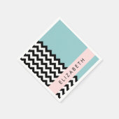 Schwarz und Weiß Zigzag, Zickzack, Blau, Ihr Name Serviette (Ecke)