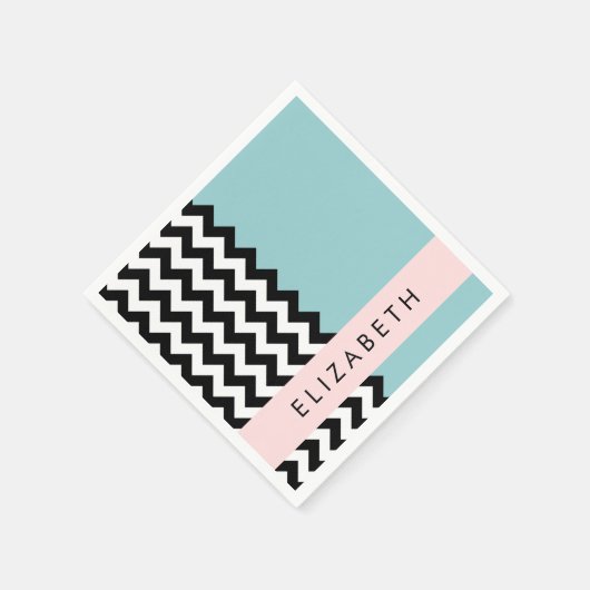 Schwarz und Weiß Zigzag, Zickzack, Blau, Ihr Name Serviette (Ecke)