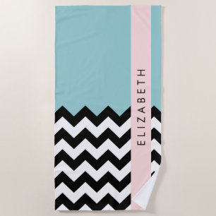 Schwarz und Weiß Zigzag, Zickzack, Blau, Ihr Name Strandtuch