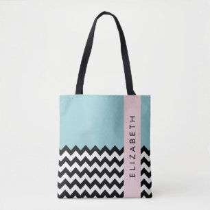 Schwarz und Weiß Zigzag, Zickzack, Blau, Ihr Name Tasche