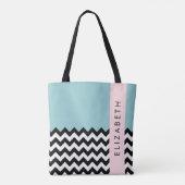 Schwarz und Weiß Zigzag, Zickzack, Blau, Ihr Name Tasche (Rückseite)