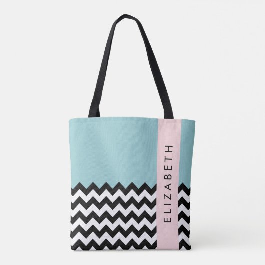 Schwarz und Weiß Zigzag, Zickzack, Blau, Ihr Name Tasche (Rückseite)