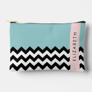 Schwarz und Weiß Zigzag, Zickzack, Blau, Ihr Name Zubehörtasche