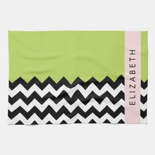 Schwarz und Weiß Zigzag, Zickzack, Grün, Ihr Name Geschirrtuch (Horizontal)