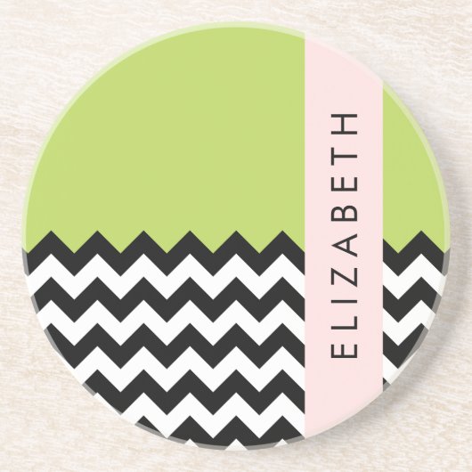Schwarz und Weiß Zigzag, Zickzack, Grün, Ihr Name Getränkeuntersetzer (Vorne)