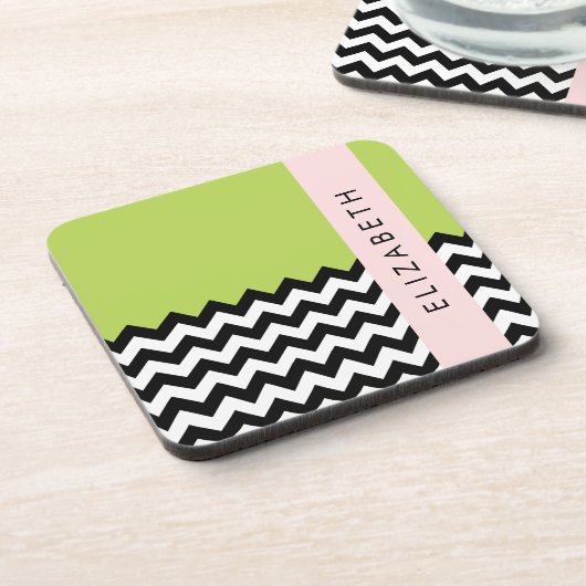 Schwarz und Weiß Zigzag, Zickzack, Grün, Ihr Name Getränkeuntersetzer (Linke Seite)