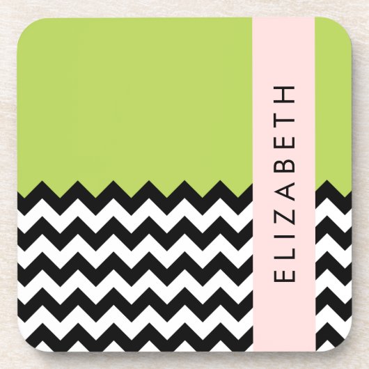 Schwarz und Weiß Zigzag, Zickzack, Grün, Ihr Name Getränkeuntersetzer (Vorderseite)