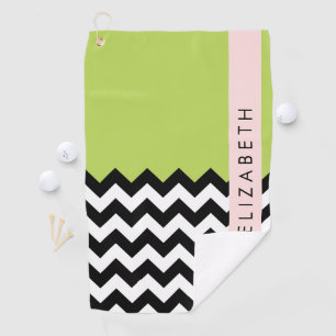 Schwarz und Weiß Zigzag, Zickzack, Grün, Ihr Name Golfhandtuch