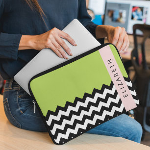 Schwarz und Weiß Zigzag, Zickzack, Grün, Ihr Name Laptopschutzhülle