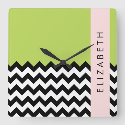 Schwarz und Weiß Zigzag, Zickzack, Grün, Ihr Name Quadratische Wanduhr (Vorderseite)