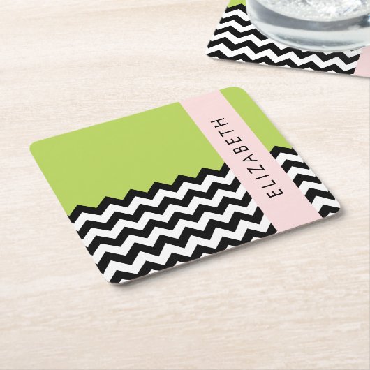 Schwarz und Weiß Zigzag, Zickzack, Grün, Ihr Name Rechteckiger Pappuntersetzer (angewinkelt)