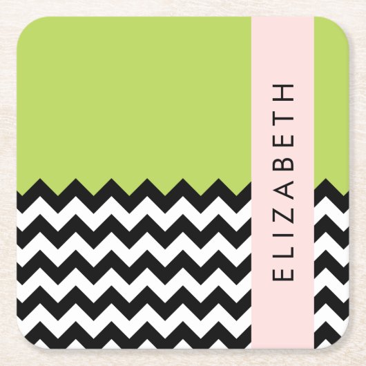 Schwarz und Weiß Zigzag, Zickzack, Grün, Ihr Name Rechteckiger Pappuntersetzer (Vorderseite)