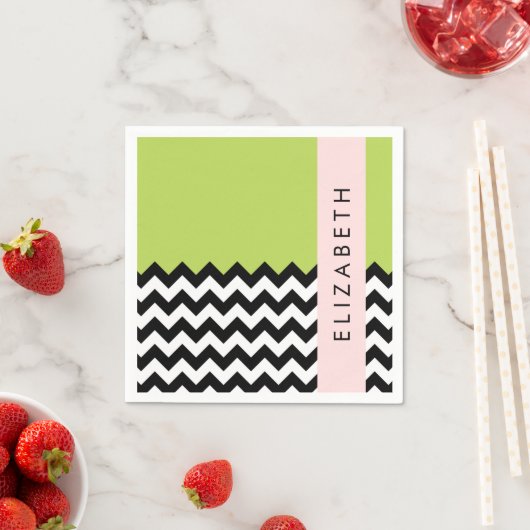 Schwarz und Weiß Zigzag, Zickzack, Grün, Ihr Name Serviette (Beispiel)