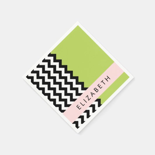Schwarz und Weiß Zigzag, Zickzack, Grün, Ihr Name Serviette (Ecke)