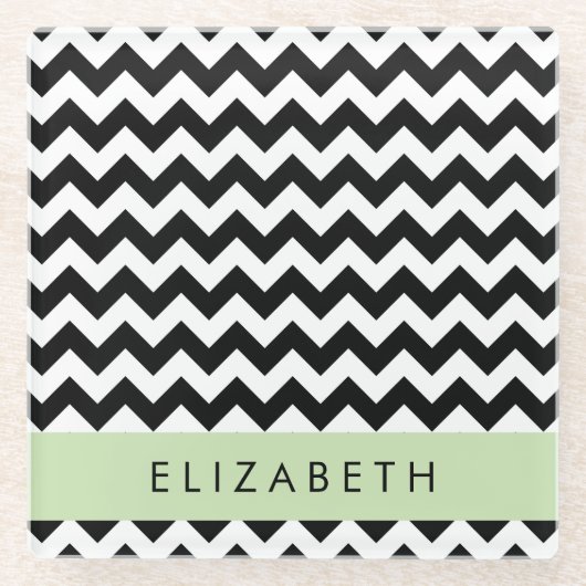 Schwarz und Weiß Zigzag, Zickzack Muster, Ihr Name Glasuntersetzer (Vorderseite)