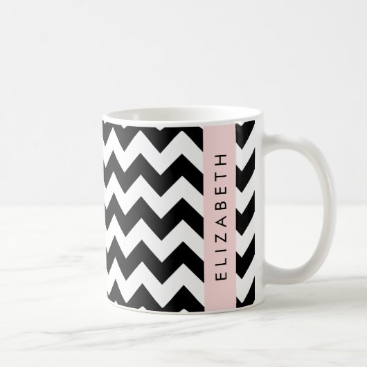 Schwarz und Weiß Zigzag, Zickzack Muster, Ihr Name Kaffeetasse (Rechts)